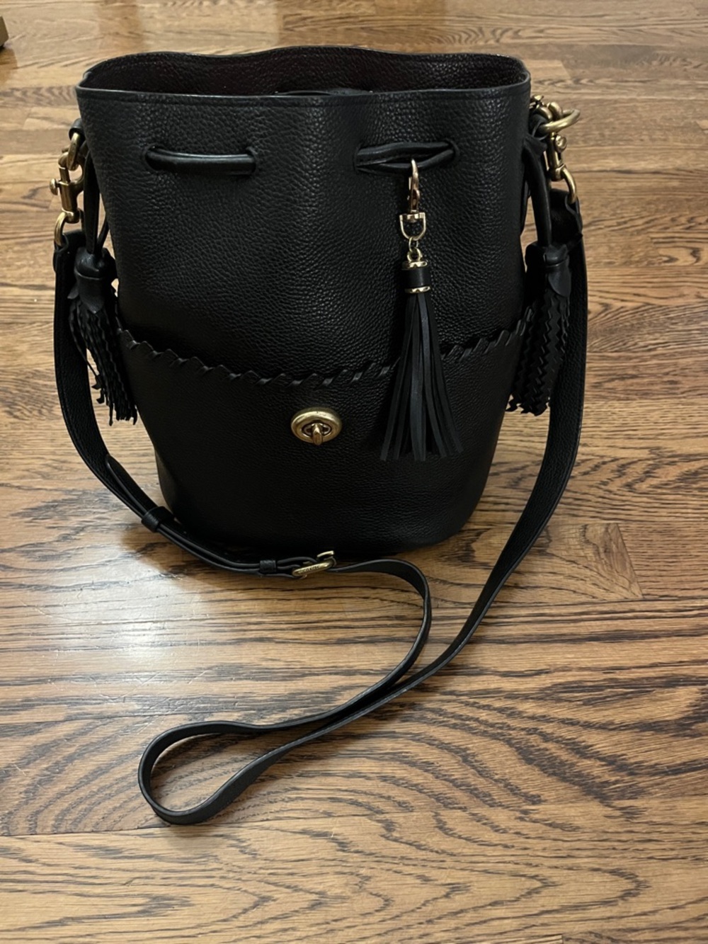 COACH Lora Bucket Bag With Whipstitch Detail Black Pebbled Leather 651